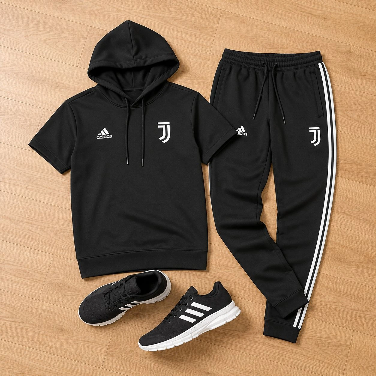 پکیج ست تیشرت کلاهدار و شلوار مردانه مدل Juventus کفش ورزشی مردانه مدل Alshen
