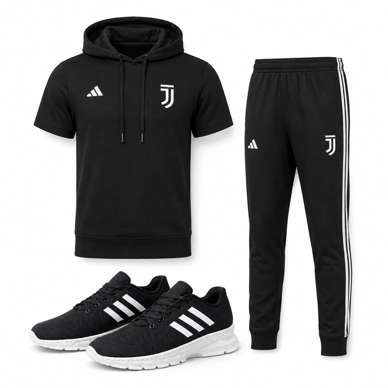 پکیج ست تیشرت کلاهدار و شلوار مردانه مدل Juventus کفش ورزشی مردانه مدل Alshen