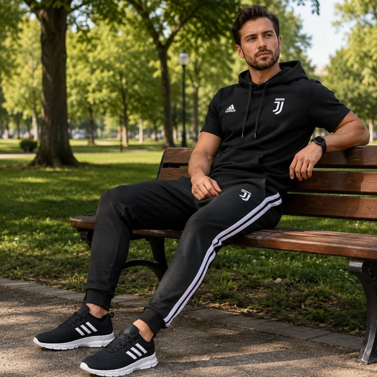 پکیج ست تیشرت کلاهدار و شلوار مردانه مدل Juventus کفش ورزشی مردانه مدل Alshen