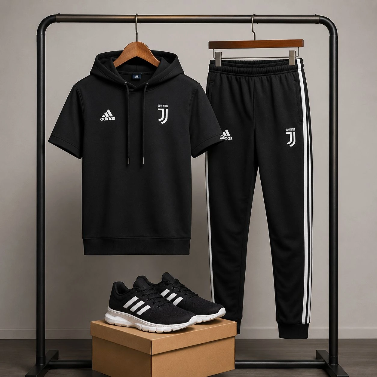 پکیج ست تیشرت کلاهدار و شلوار مردانه مدل Juventus کفش ورزشی مردانه مدل Alshen