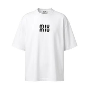 تیشرت یقه گرد مردانه باکسی طرح دار ماکان سفید miu miu