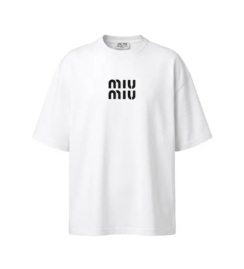 تیشرت یقه گرد مردانه باکسی طرح دار ماکان سفید miu miu