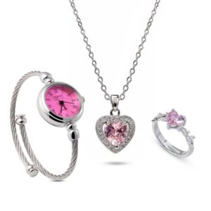 ست زنانه ساعت و گردنبند و انگشتر Heart_Pink مدل 3985