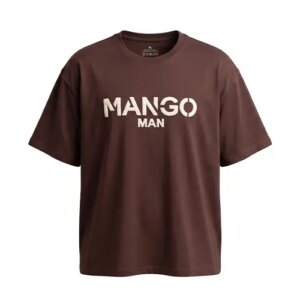 تیشرت یقه گرد مردانه باکسی طرح دار دورس پنبه شکلاتی Mango