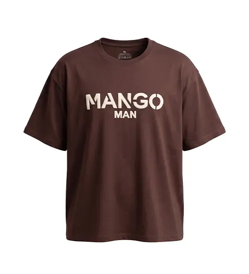 تیشرت یقه گرد مردانه باکسی طرح دار دورس پنبه شکلاتی Mango